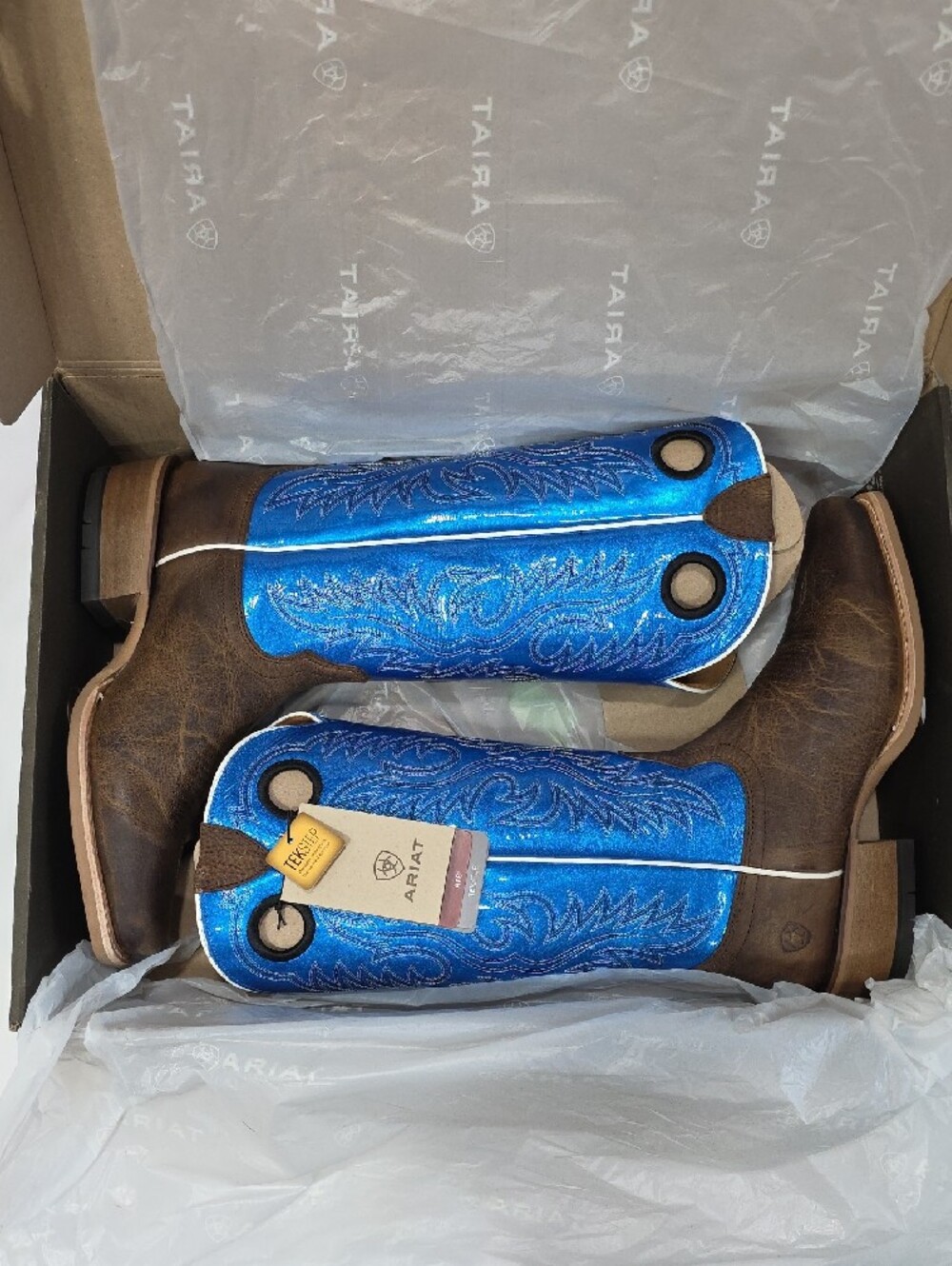 Ariat NIB Men's Size 11 EE Wide Ringer Western Boots Brown/Bright Blue TOBx - Picture 4 of 15